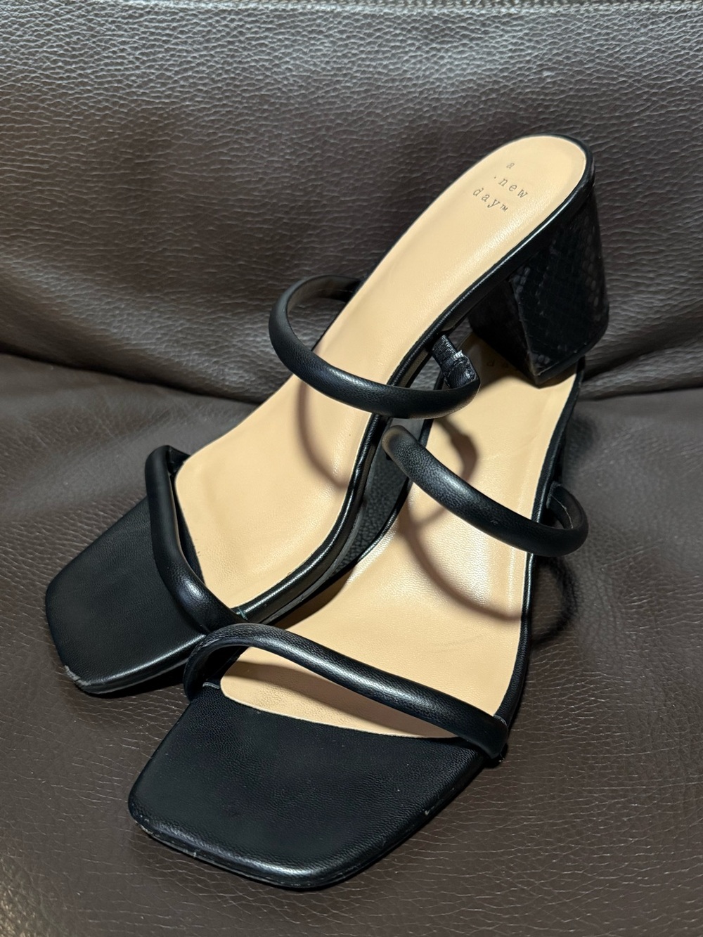 a new day Black Strappy Square-Toe Block Heel Sandals